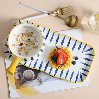 Набор мисок и тарелок для завтрака, японская креативная посуда, тарелка для завтрака, на одну персону, керамическая миска с ручкой